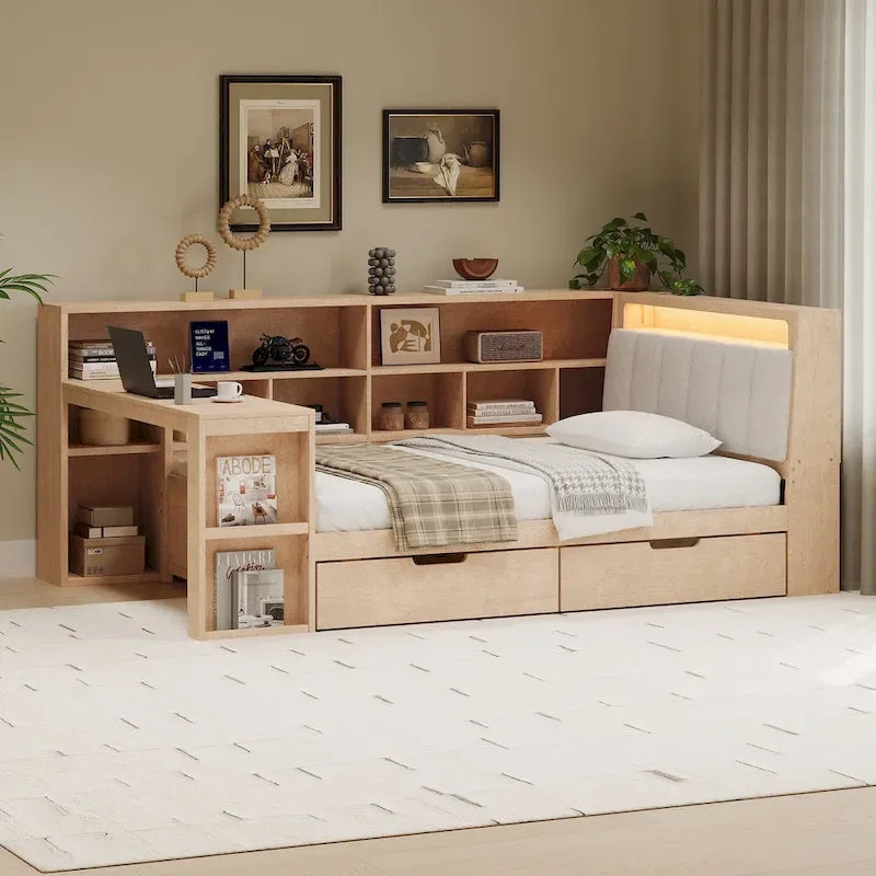 L-shaped Wooden Sofa Daybed with Desk, Bookcase Cabinet, Corner Bed with Under-bed Drawers, Upholstered Headboard Built-in Light