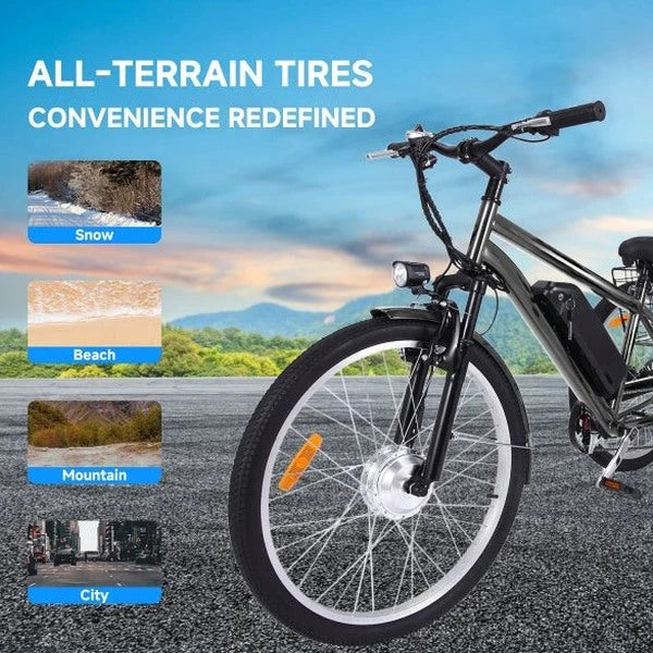 26 Inch Adult 3 Wheel Electric Tricycle with Basket, Fat Tires,7 Speeds,350W Powerful Motor, 36V 10Ah Removable Battery Dark Gray