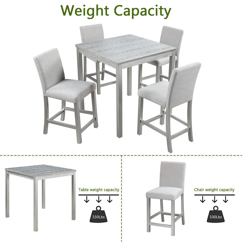 Modern 5-Piece Dining Set with Square Counter Height Table & 4 Upholstered Chairs