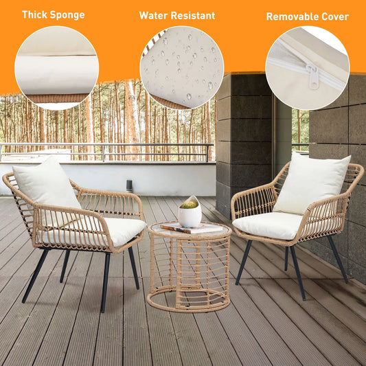 3-Piece Steel Outdoor Bistro Sets with Metal Chairs and Glass Top Table, Beige