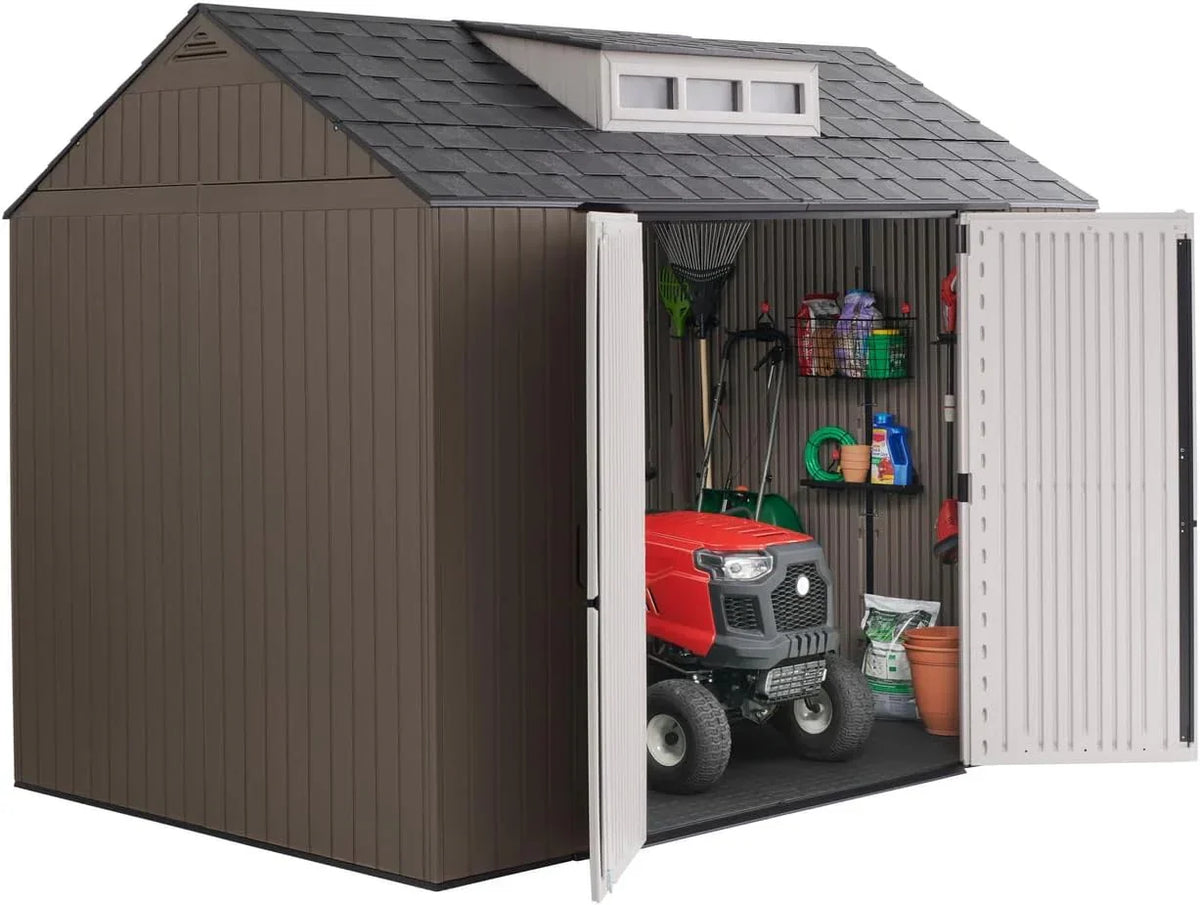 Rubbermaid resin garden shed with floor (2.13 x 2.13 m), weatherproof, grey, for storing garden tools, lawnmowers, bicycles and pool accessories