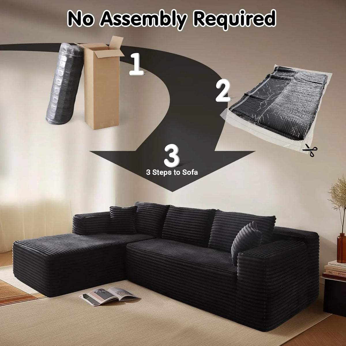 ovios 104" Cloud Sectional Couch with L-Shape Chaise,Modern Modular Sofa with Deep Seat, Upholstered Couches for Living Room Bedroom,No Assembly Required, Grey (Plush Corduroy Fabric)