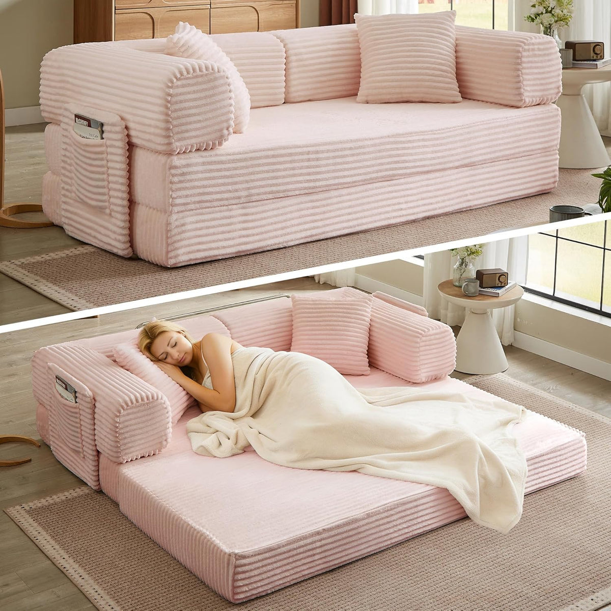 Boneless Couch Folding Couches for Living Room Sofa, Futon Sofa Bed with Sleeper Sofa, Futon Couch with Fixed-Shape Oversized Corduroy Upholstered (White, 81 Inches)