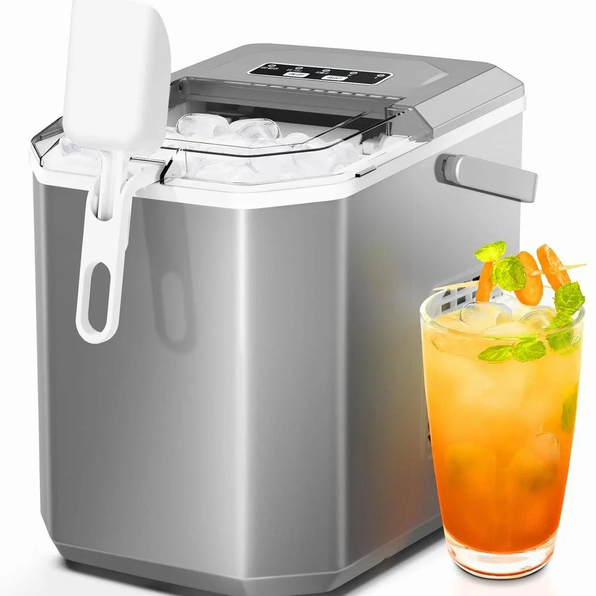 Countertop Ice MakerPortable Ice Machine with Carry HandleSelf-CleaningBasket and Scoop9 Cubes in 6 Mins26.5lbs/24Hrs2 Sizes of Bullet Icefor HomeKitchenPartyGrey