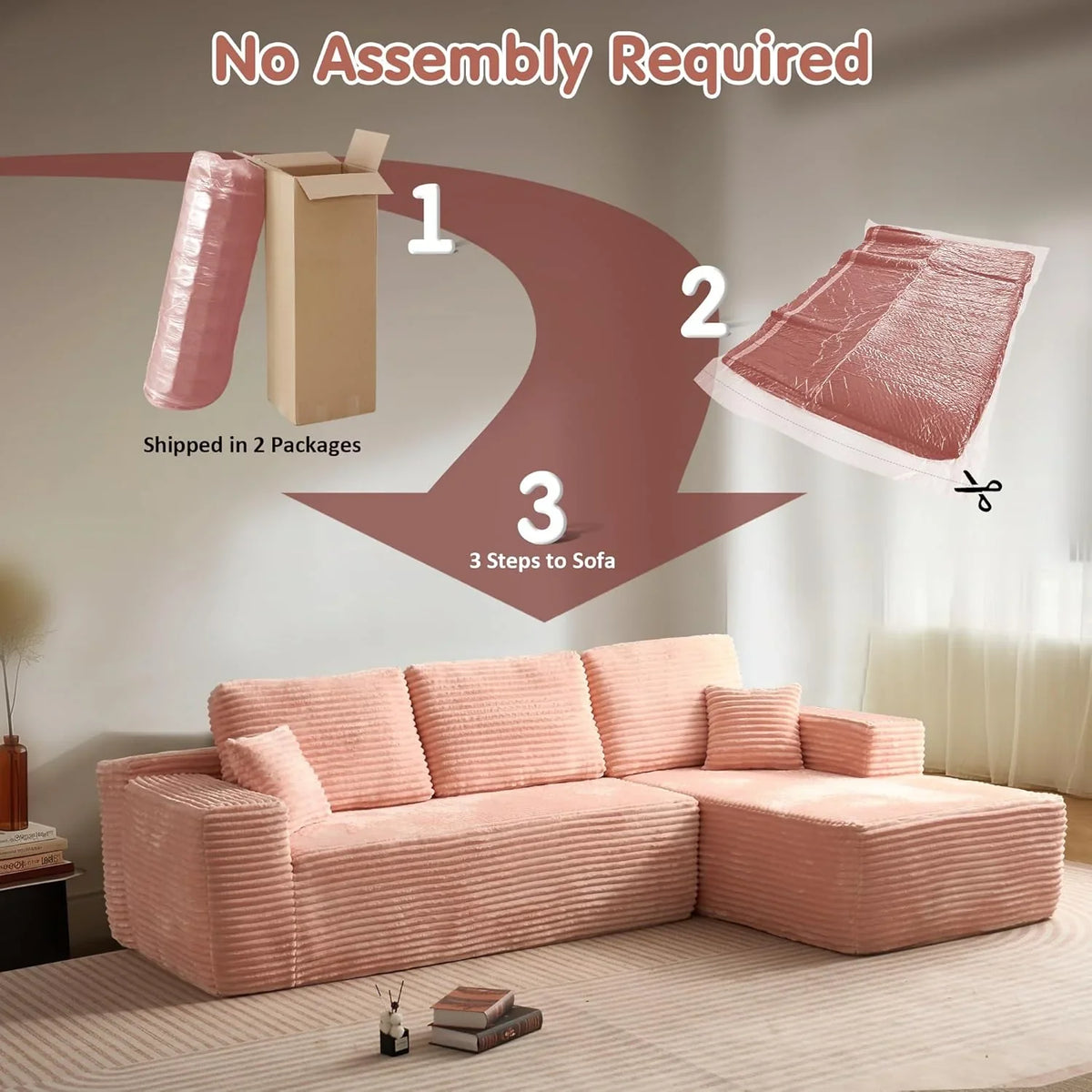 ovios 104" Cloud Sectional Couch with L-Shape Chaise,Modern Modular Sofa with Deep Seat, Upholstered Couches for Living Room Bedroom,No Assembly Required, Grey (Plush Corduroy Fabric)