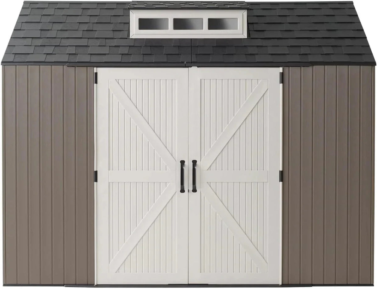 Rubbermaid resin garden shed with floor (2.13 x 2.13 m), weatherproof, grey, for storing garden tools, lawnmowers, bicycles and pool accessories