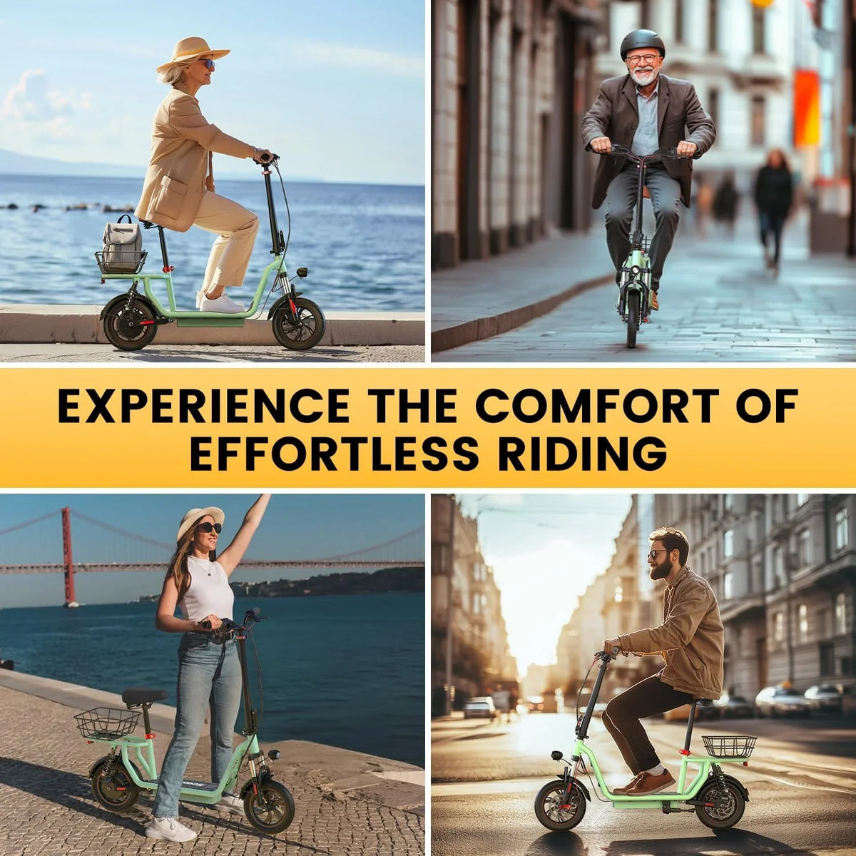 iScooter electric scooter with seat, 37/21 mile range, 28/19/15.6 mph top speed, dual suspension scooter with basket