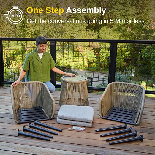 Patio Furniture Set 3-Piece Outside Bistro Set Handwoven Rattan Wicker Chairs with Waterproof Cushions Tempered Glass Table Outdoor Conversation Set for Porch Brown & Light Grey