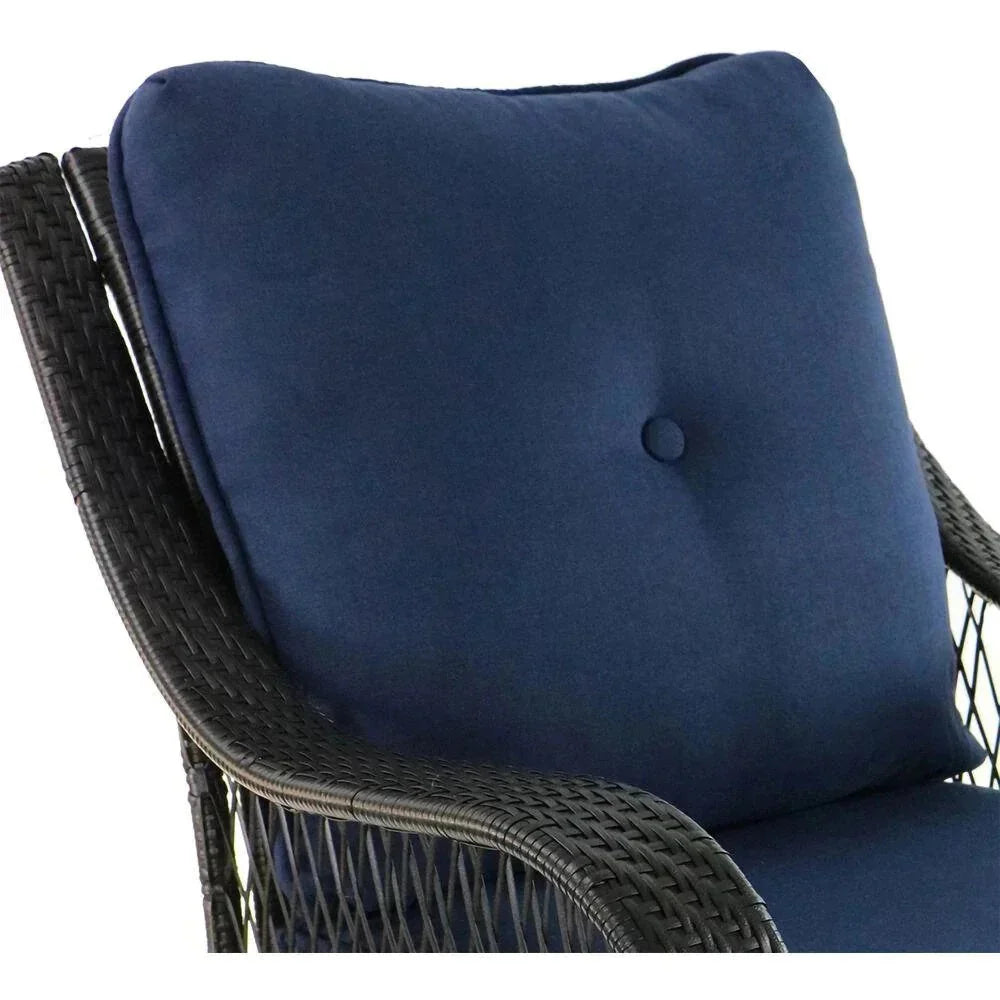 2025 5-piece steel patio fire pit seating set with navy blue cushions, swivel gliders and square fire pit table