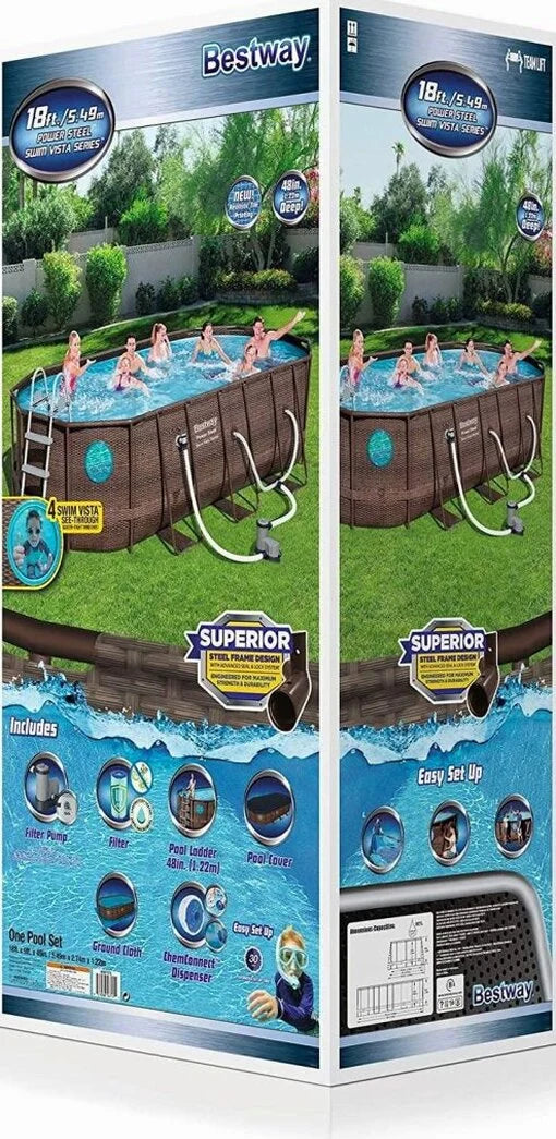 Bestway Power Steel 18' x 9 'x 48' above ground swimming pool Set with metal frame home swimming pool sand filter pump, skimmer and vacuum
