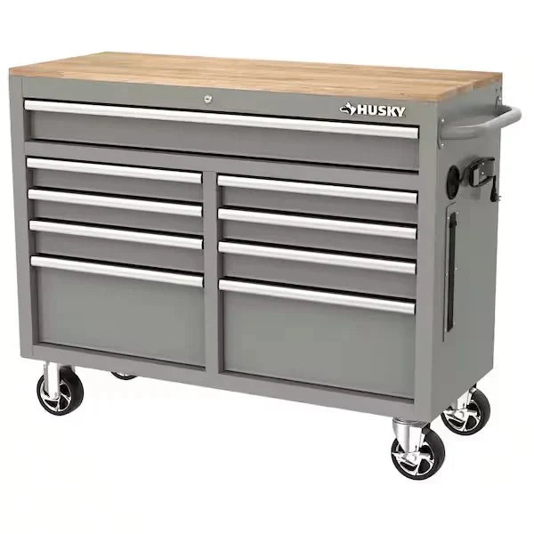 Mobile workbench with 9 drawers, hardwood top and power connection, 117 cm W x 62 cm D C high-gloss black