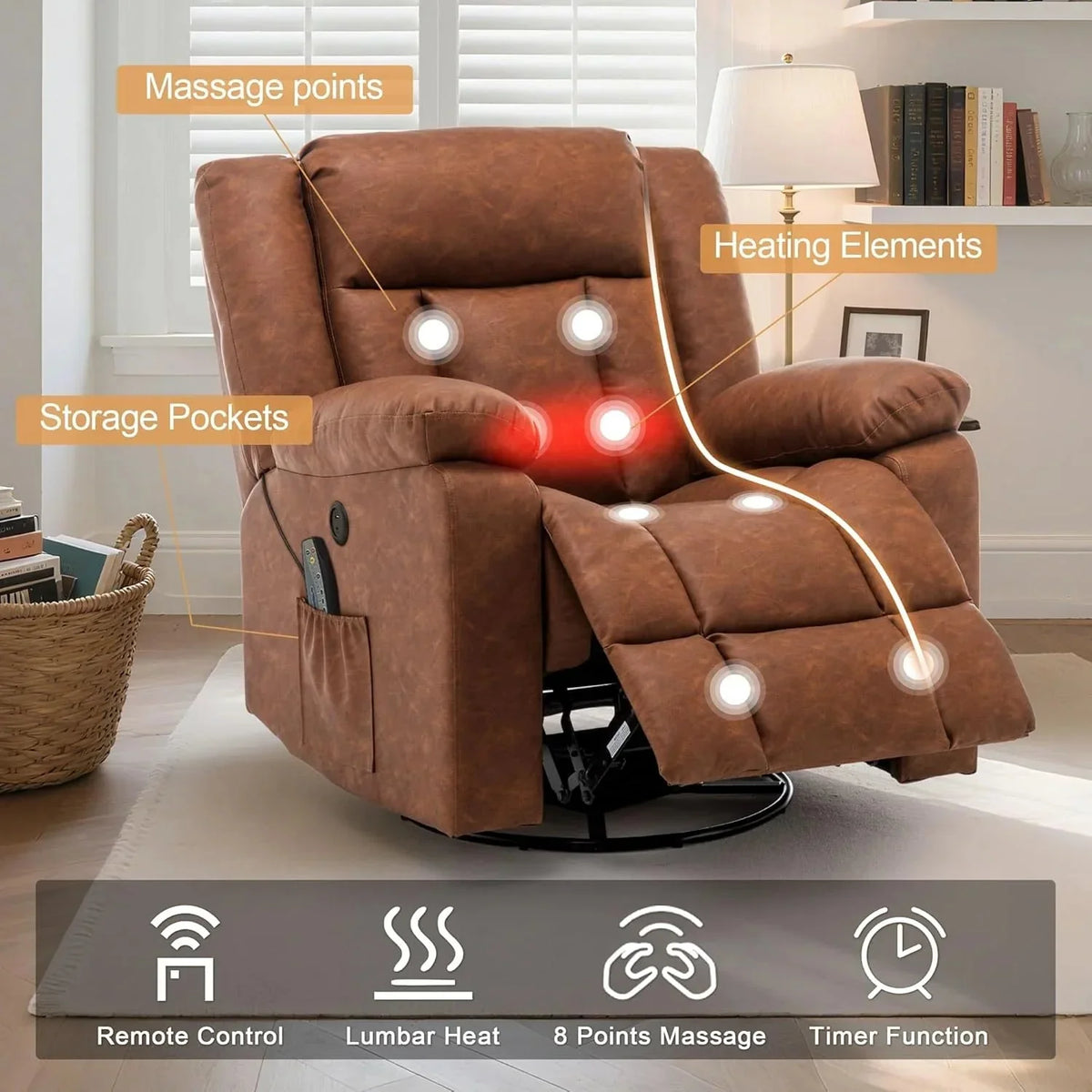 Rocker Recliner, Glider Recliner Chairs for Adults, 360° Swivel Rocking Chair with Massage and Heating, Nursery Chair with Storage and USB Charging for Living Room, Bedroom, Nursery