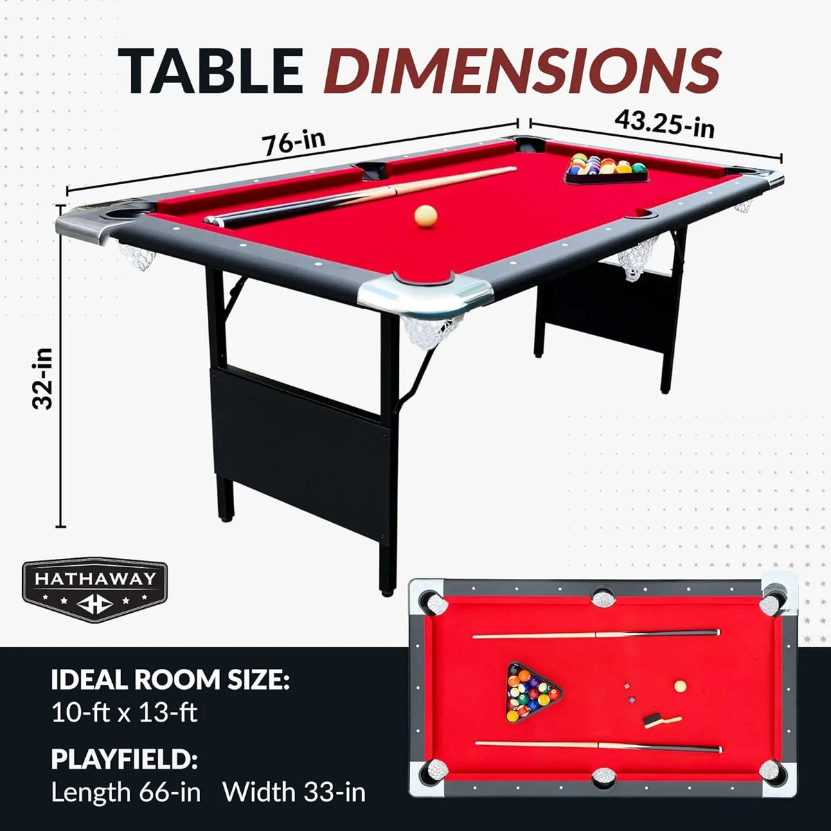 Hathaway Fairmont 6 Ft Portable Pool Table, Adults Folding Billiards Tables for Game Room with Easy Foldable Storage, Includes Full Set of Billiard Balls, Cues, Chalk & Brush