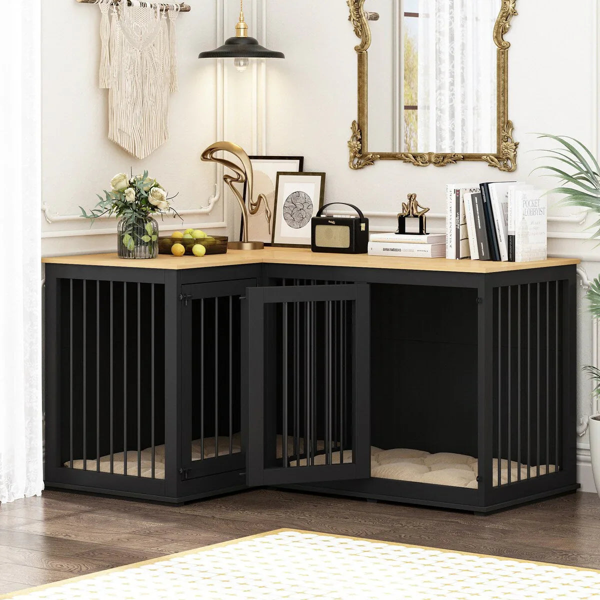 Large Corner Dog Crate Furniture for 2 Dogs, L Shape Dog Crate Cage - 58.7X41.1