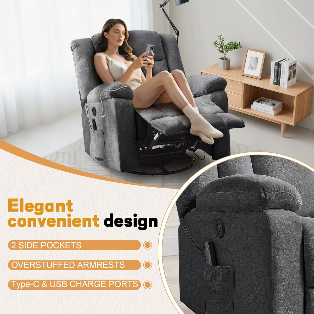 Rocker Recliner, Glider Recliner Chairs for Adults, 360° Swivel Rocking Chair with Massage and Heating, Nursery Chair with Storage and USB Charging for Living Room, Bedroom, Nursery
