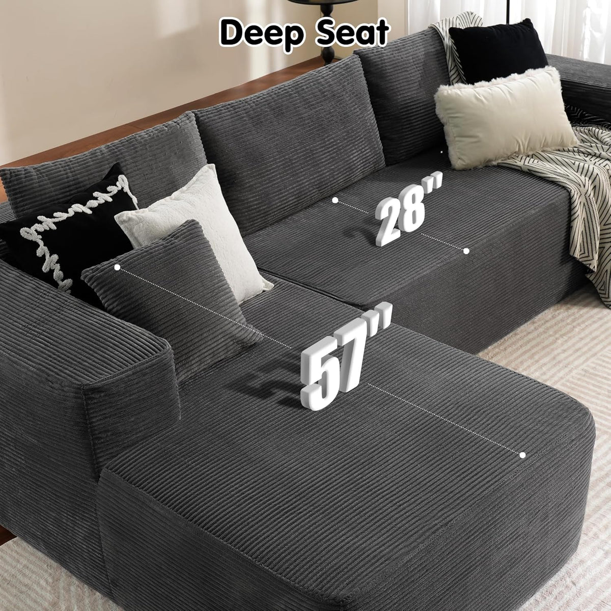 ovios 104" Cloud Sectional Couch with L-Shape Chaise,Modern Modular Sofa with Deep Seat, Upholstered Couches for Living Room Bedroom,No Assembly Required, Grey (Plush Corduroy Fabric)