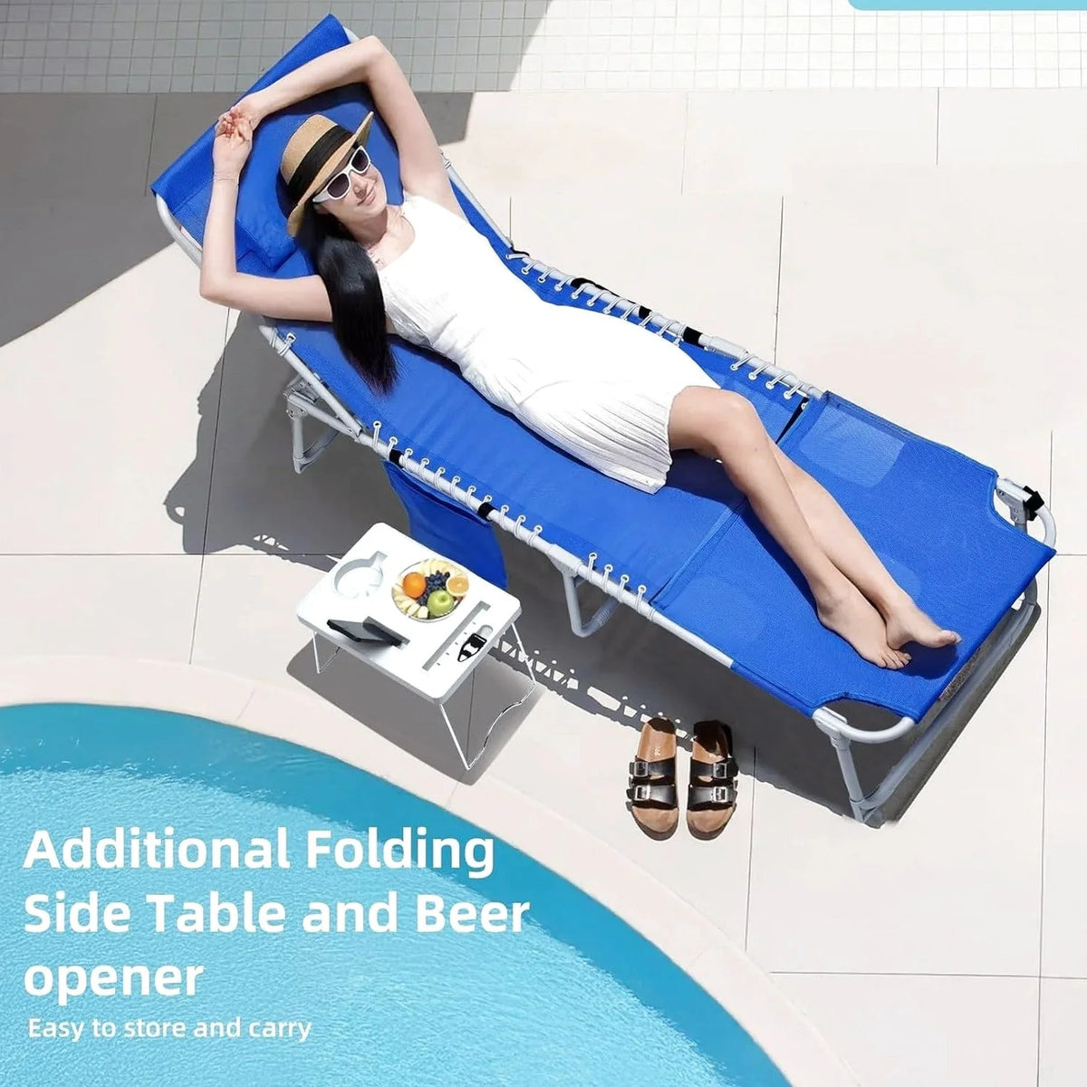 3-in-1 Outdoor Sun Tanning Lounge Chair with Face Hole 5-Position Recliner, Folding Side Table &amp; Removable Pillow, 330lbs Capacity, Blue