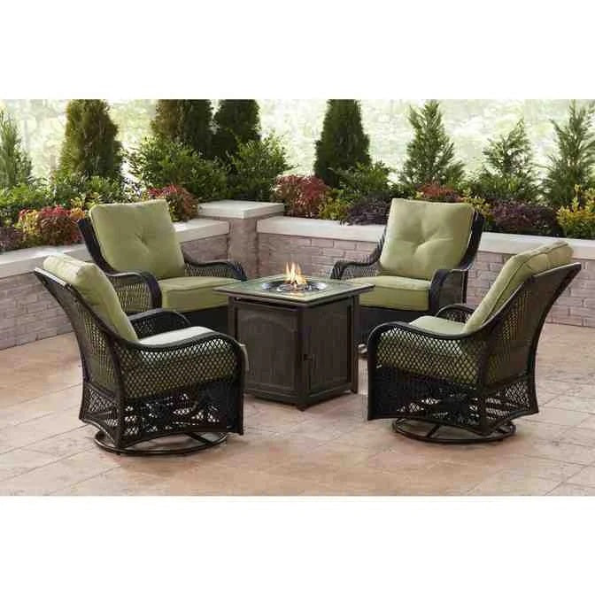 2025 5-piece steel patio fire pit seating set with navy blue cushions, swivel gliders and square fire pit table