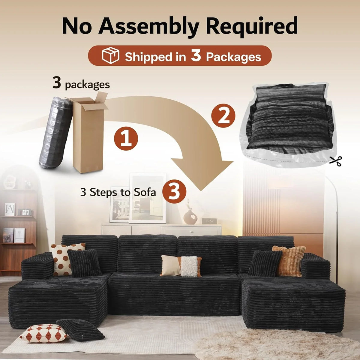 ovios 104" Cloud Sectional Couch with L-Shape Chaise,Modern Modular Sofa with Deep Seat, Upholstered Couches for Living Room Bedroom,No Assembly Required, Grey (Plush Corduroy Fabric)