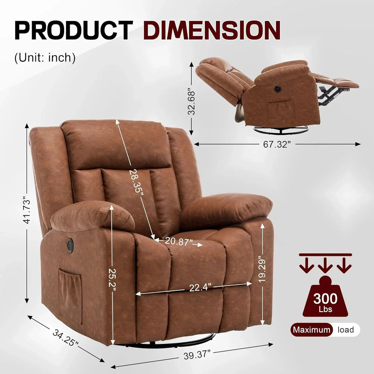 Rocker Recliner, Glider Recliner Chairs for Adults, 360° Swivel Rocking Chair with Massage and Heating, Nursery Chair with Storage and USB Charging for Living Room, Bedroom, Nursery