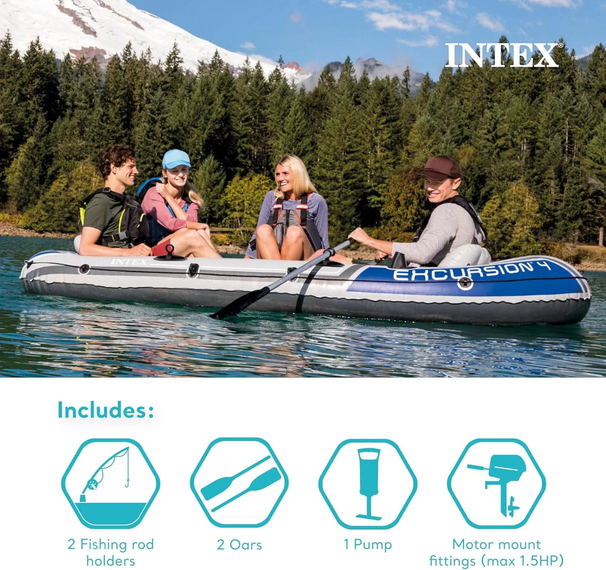 Excursion Inflatable Boat Series: Includes Deluxe 54in Boat Oars and High-Output Pump – SuperTough PVC – Adjustable Seats with Backrest – Fishing Rod Holders – Welded Oar Locks