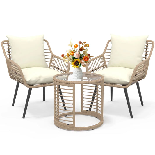3-Piece Steel Outdoor Bistro Sets with Metal Chairs and Glass Top Table, Beige