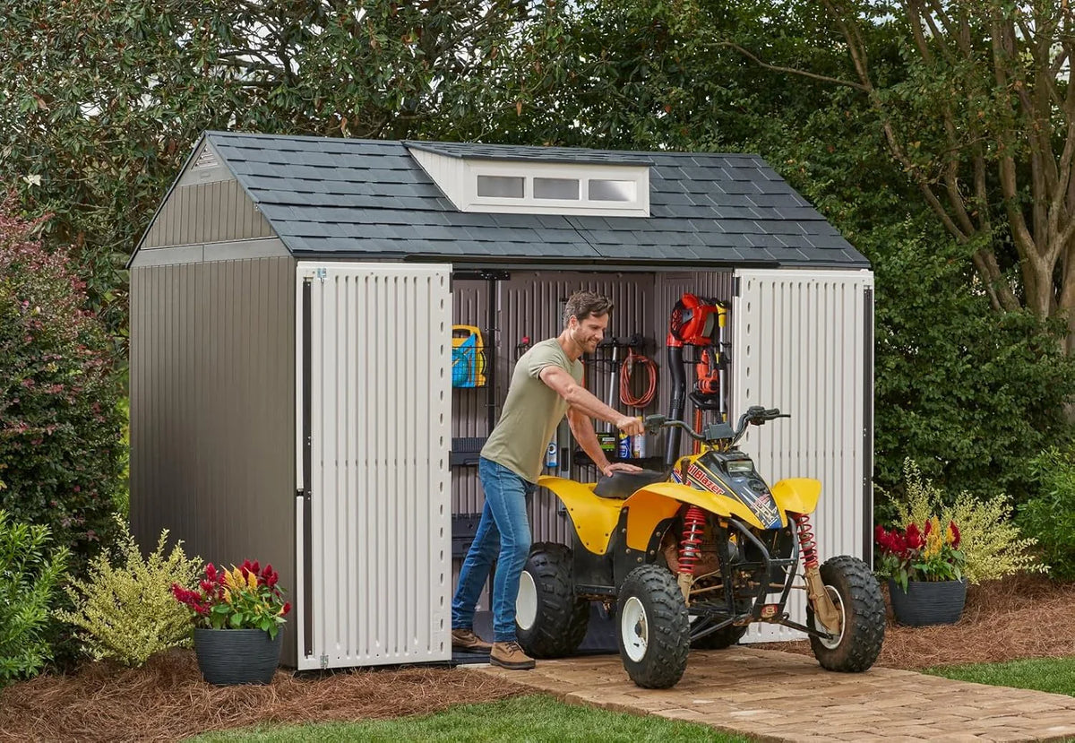 Rubbermaid resin garden shed with floor (2.13 x 2.13 m), weatherproof, grey, for storing garden tools, lawnmowers, bicycles and pool accessories