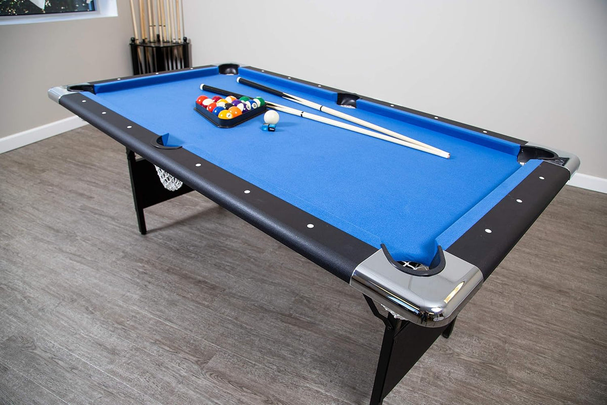 Hathaway Fairmont 6 Ft Portable Pool Table, Adults Folding Billiards Tables for Game Room with Easy Foldable Storage, Includes Full Set of Billiard Balls, Cues, Chalk & Brush