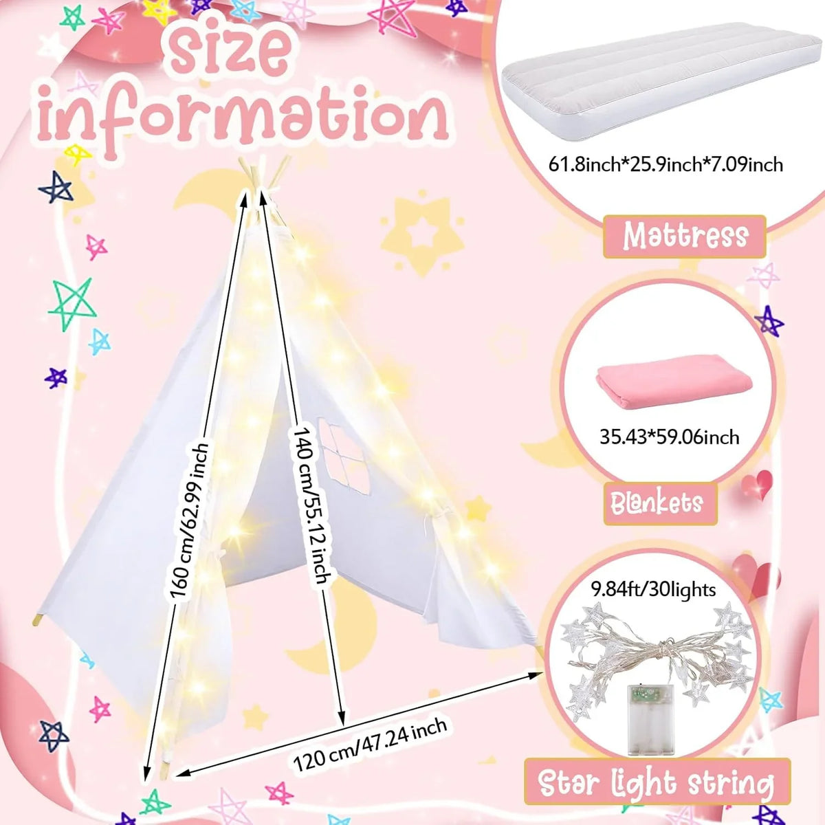 Windyun 8-Pack Kids Teepee Tent Set, Sleepover Party, White