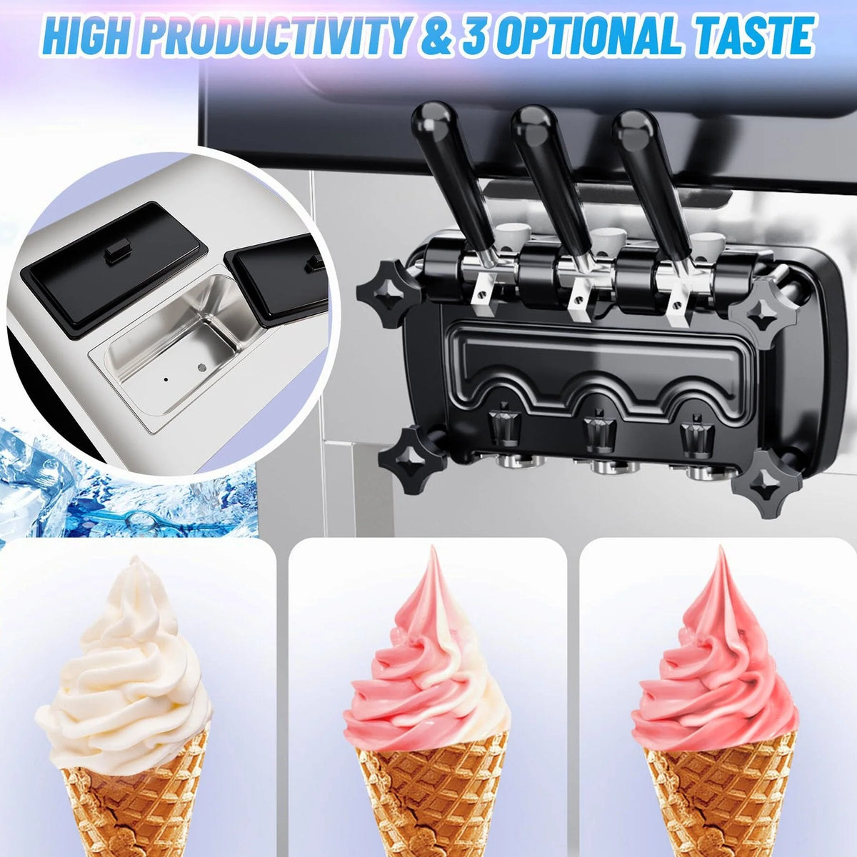 2200W Commercial Ice Cream Machine, 3 Flavor Soft Serve Ice Cream Machine, 5.3-7.4 Gal/Hr, with LCD Touch Screen, Automatic Cleaning, High Productivity for Home Snack Bar &amp; Restaurants