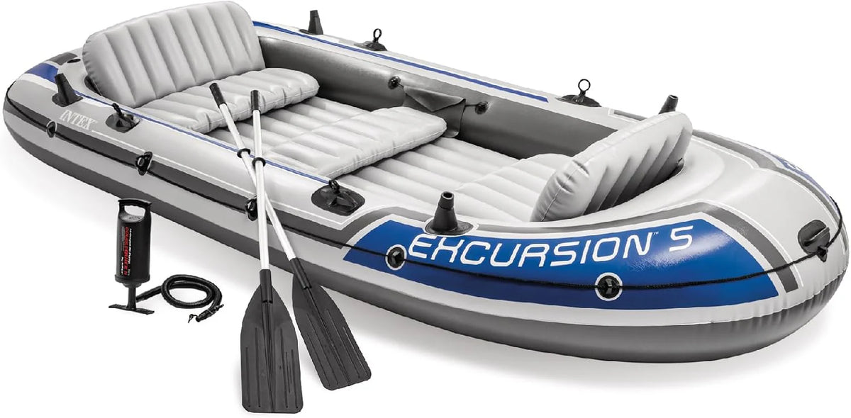 Excursion Inflatable Boat Series: Includes Deluxe 54in Boat Oars and High-Output Pump – SuperTough PVC – Adjustable Seats with Backrest – Fishing Rod Holders – Welded Oar Locks
