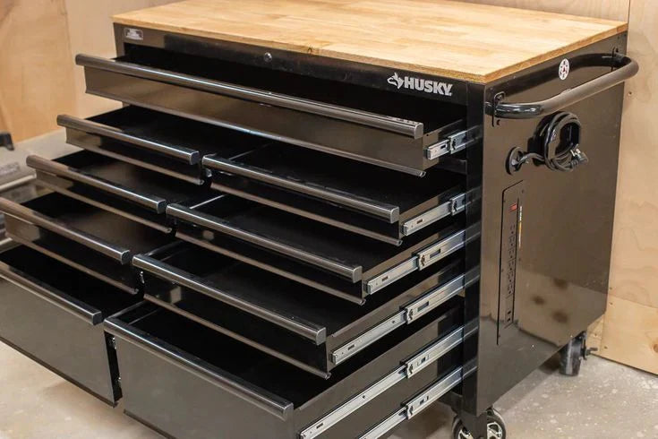 Mobile workbench with 9 drawers, hardwood top and power connection, 117 cm W x 62 cm D C high-gloss black
