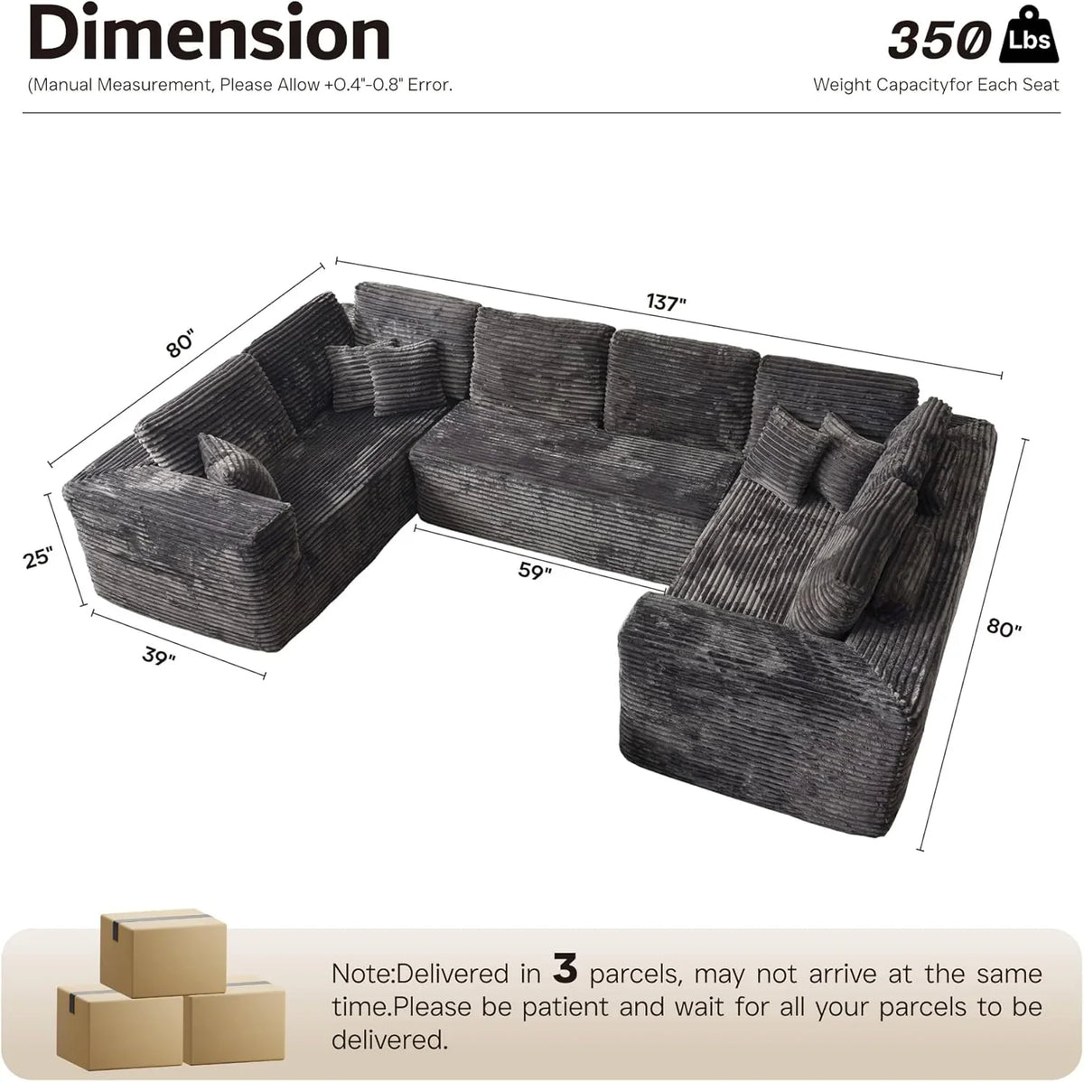 ovios 104" Cloud Sectional Couch with L-Shape Chaise,Modern Modular Sofa with Deep Seat, Upholstered Couches for Living Room Bedroom,No Assembly Required, Grey (Plush Corduroy Fabric)