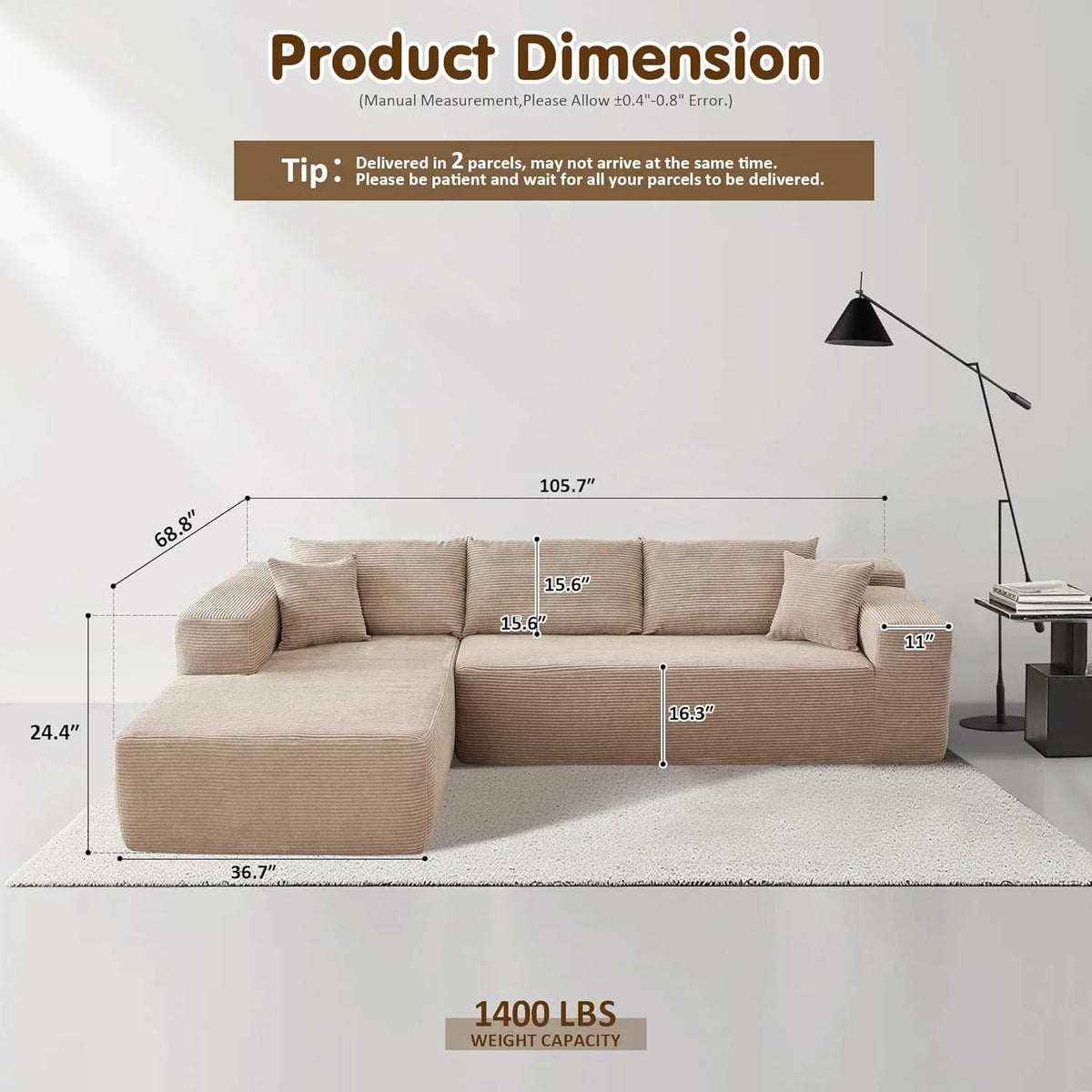 ovios 104" Cloud Sectional Couch with L-Shape Chaise,Modern Modular Sofa with Deep Seat, Upholstered Couches for Living Room Bedroom,No Assembly Required, Grey (Plush Corduroy Fabric)