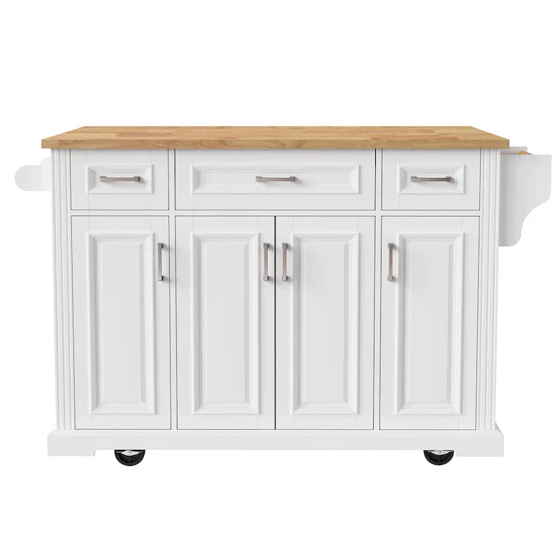 Large Kitchen Island with Wood Drop Leaf, Embossed Texture Rolling Kitchen Cart wDoors and Drawers wStorage for Kitchen, White