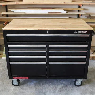 Mobile workbench with 9 drawers, hardwood top and power connection, 117 cm W x 62 cm D C high-gloss black