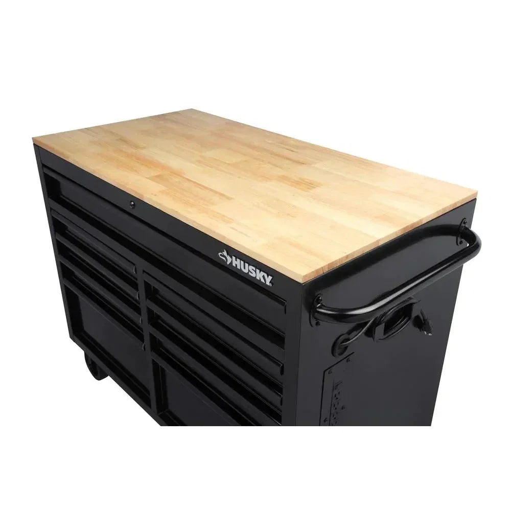 Mobile workbench with 9 drawers, hardwood top and power connection, 117 cm W x 62 cm D C high-gloss black