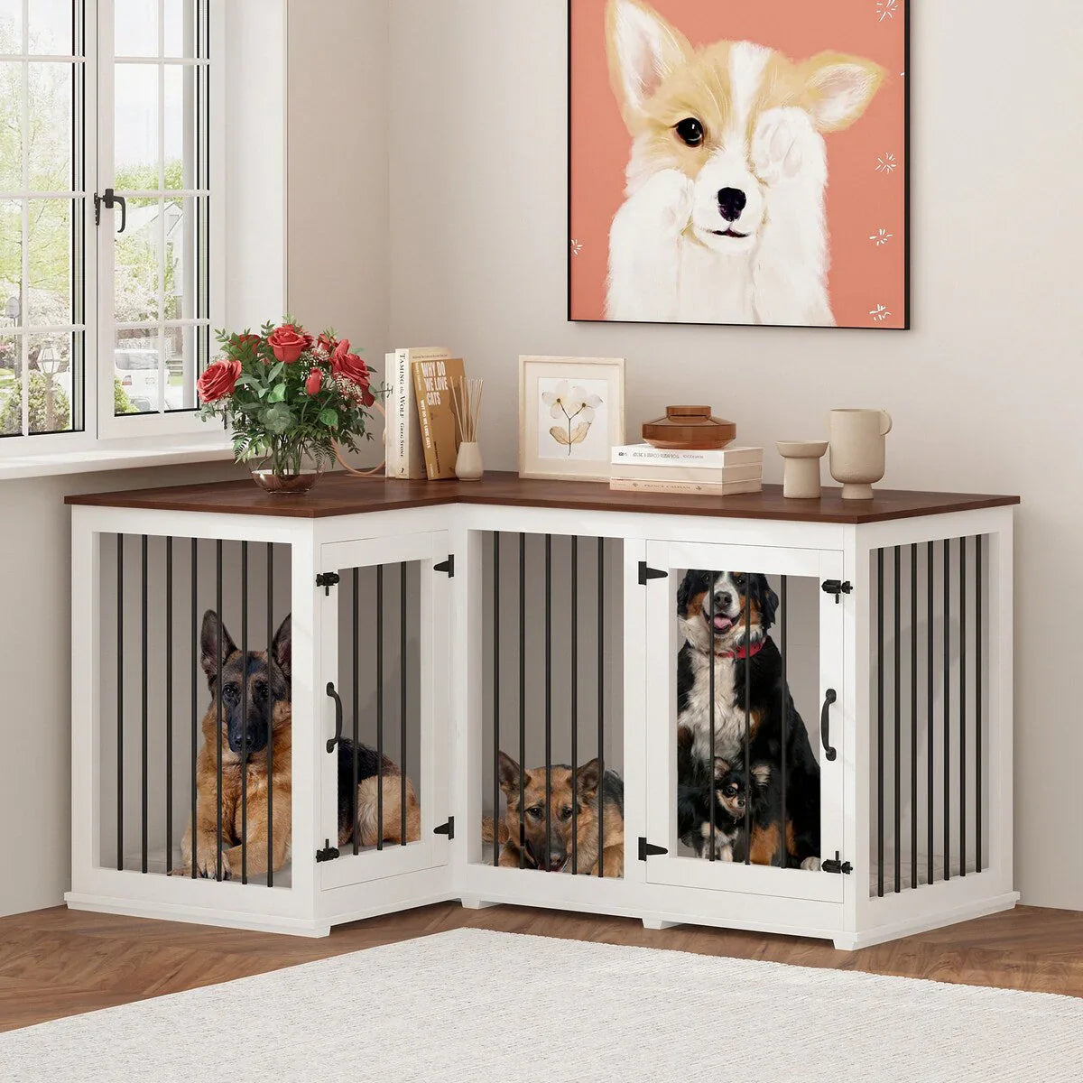Large Corner Dog Crate Furniture for 2 Dogs, L Shape Dog Crate Cage - 58.7X41.1