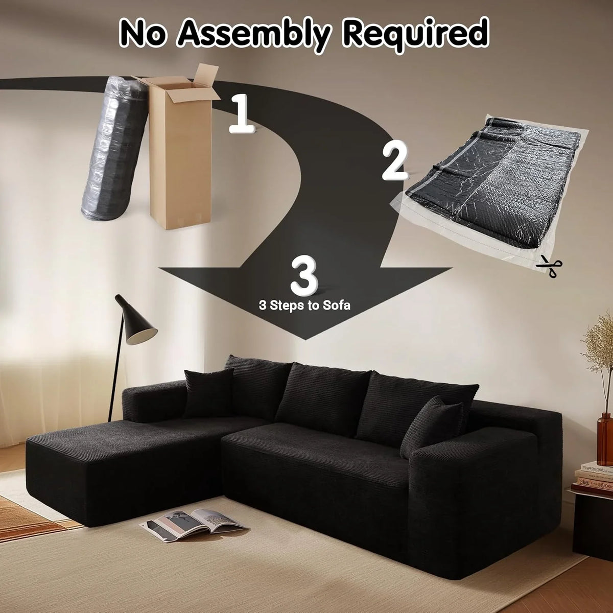 ovios 104" Cloud Sectional Couch with L-Shape Chaise,Modern Modular Sofa with Deep Seat, Upholstered Couches for Living Room Bedroom,No Assembly Required, Grey (Plush Corduroy Fabric)