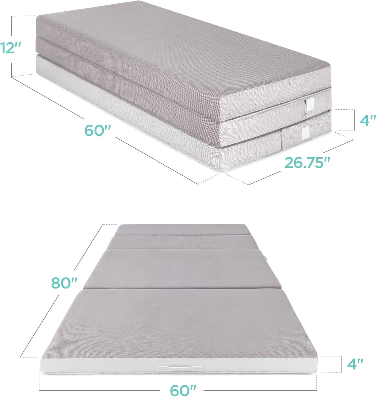 Best Choice Products 4in Portable Queen-Size Mattress, Tri-Fold Mattress for Camping, Guest, Toddler, Foam Plush w/Carry Case - Grey
