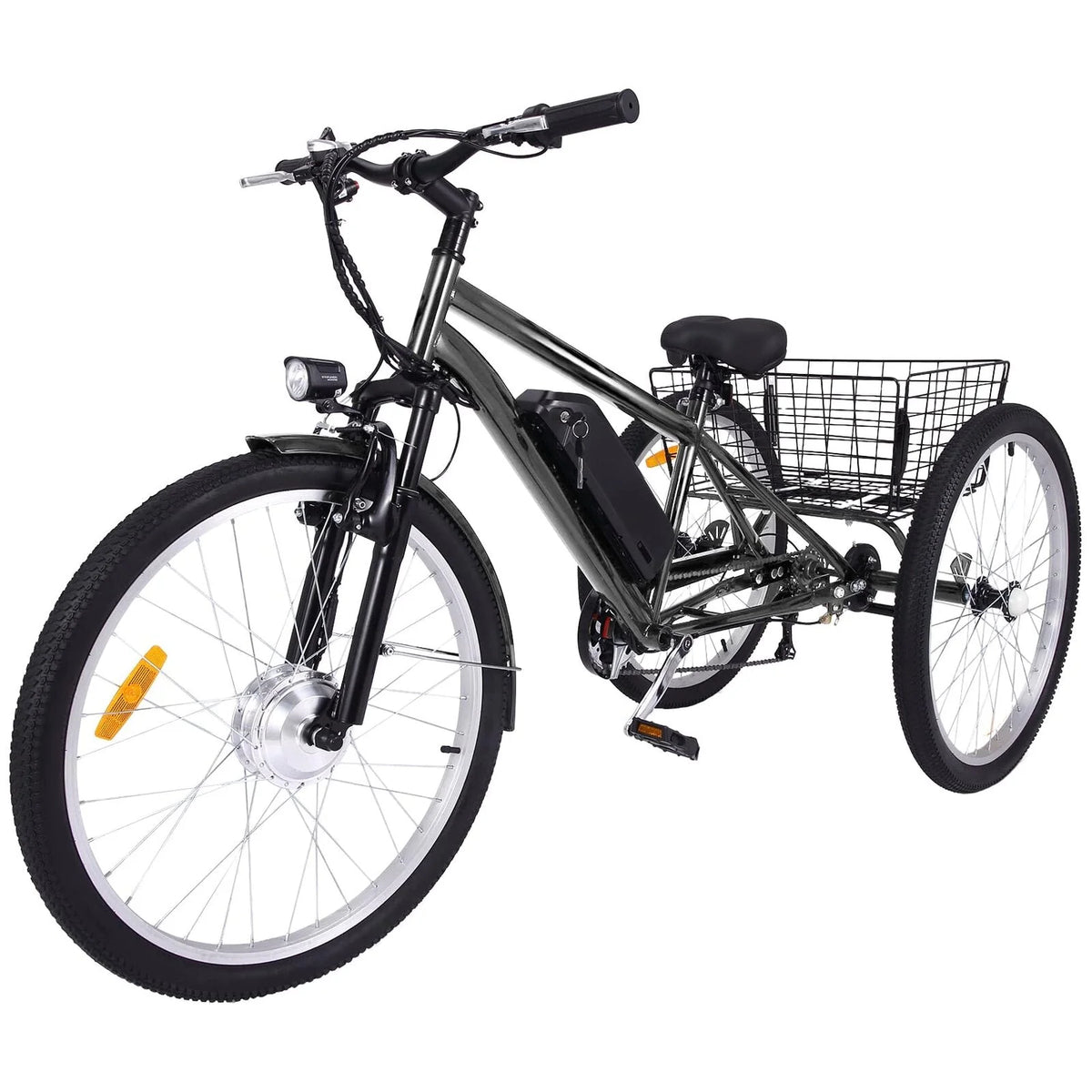 26 Inch Adult 3 Wheel Electric Tricycle with Basket, Fat Tires,7 Speeds,350W Powerful Motor, 36V 10Ah Removable Battery Dark Gray